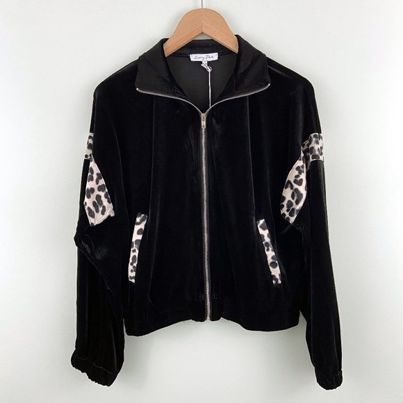 NWT Emory Park x Dolls Kill | Black Velour Leopard Zip Track Jacket Small - Picture 1 of 8